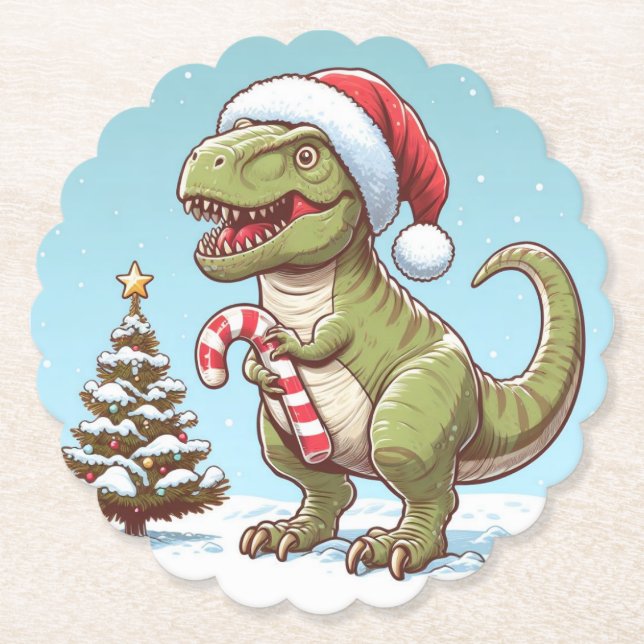 Cute Christmas candy cane dinosaur Paper Coaster (Front)