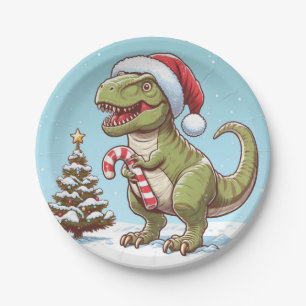Cute Christmas candy cane dinosaur Paper Plate
