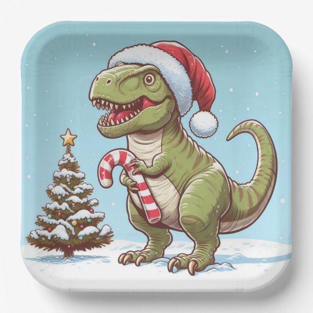 Cute Christmas candy cane dinosaur Paper Plate (Front)