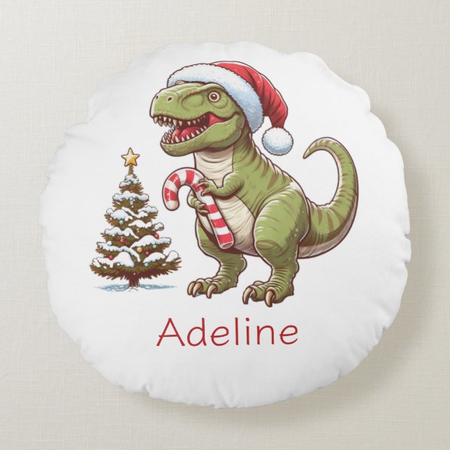 Cute Christmas candy cane dinosaur Round Cushion (Front)