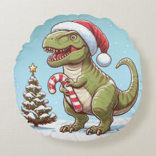 Cute Christmas candy cane dinosaur Round Cushion
