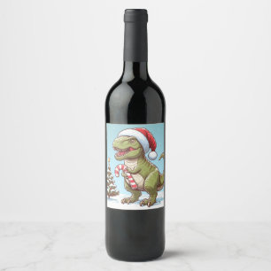 Cute Christmas candy cane dinosaur Wine Label