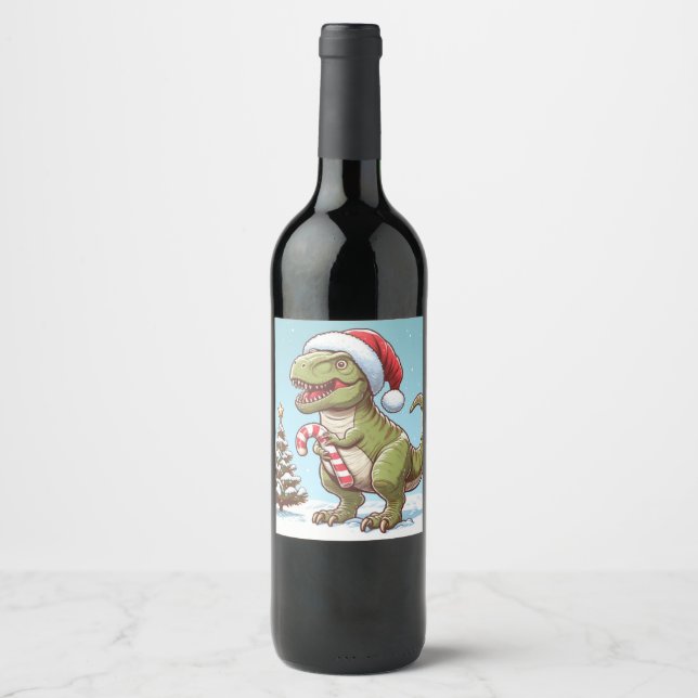 Cute Christmas candy cane dinosaur Wine Label (Front)