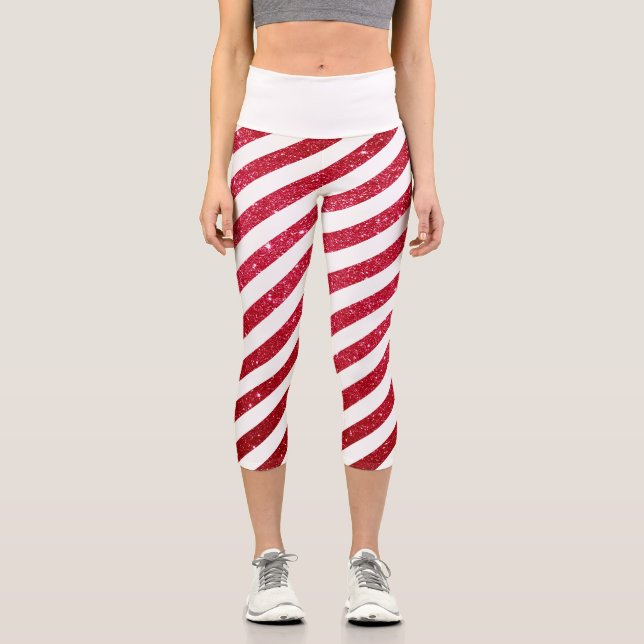 Cute Christmas Candy Cane Glitter Stripped Pattern Capri Leggings (Front)