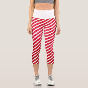 Cute Christmas Candy Cane Holiday Stripped Pattern Capri Leggings