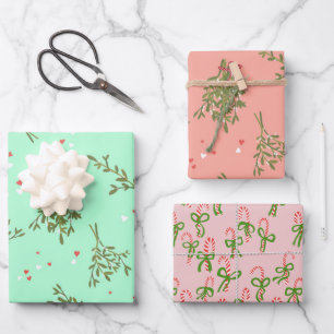 Cute Christmas Candy Canes Mistletoe Xmas Variety Wrapping Paper Sheet