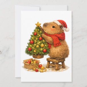 Cute Christmas Capybara Decorating a Christmas Tre Holiday Card