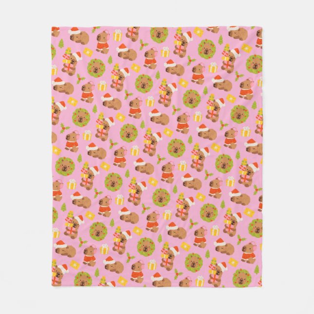 Cute Christmas Capybara Fleece Blanket (Front)