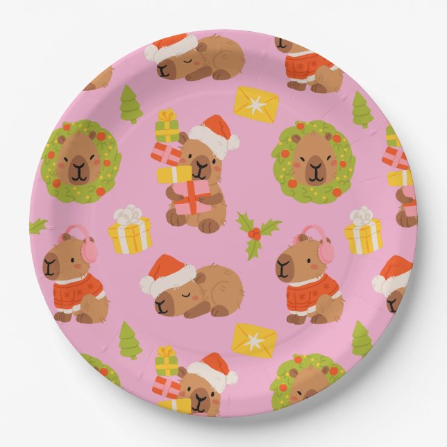 Cute Christmas Capybara Paper Plate (Front)
