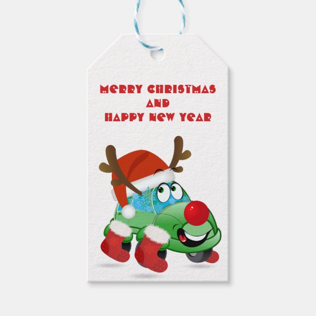 Cute Christmas Car Cartoon Gift Tags (Front)