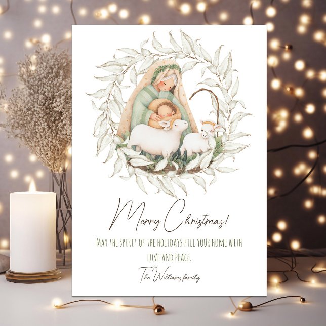 Cute Christmas Card with Your Photo on Back (Cute pastel Christmas card with baby Jesus and Mary. Your photo on the back side)
