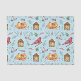 Cute Christmas Cardinal and Kitten Blue  Tissue Paper