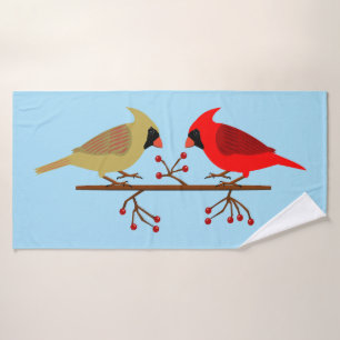 Cute Christmas Cardinals and Red Berries Bath Towel