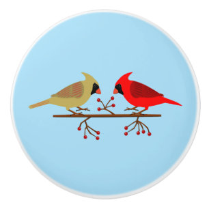 Cute Christmas Cardinals and Red Berries Ceramic Knob