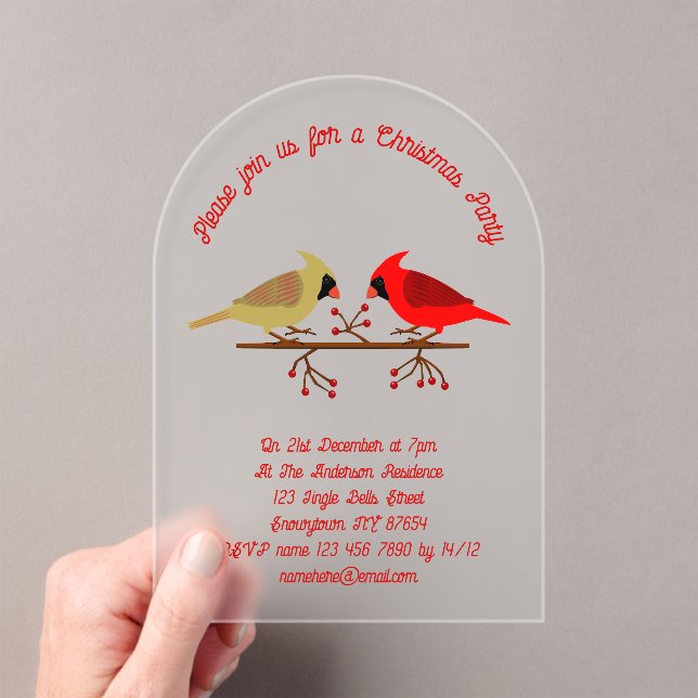 Cute Christmas Cardinals and Red Berries Custom Acrylic Invitations (Insitu (Handheld))