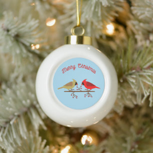 Cute Christmas Cardinals and Red Berries Custom Ceramic Ball Christmas Ornament