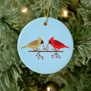 Cute Christmas Cardinals and Red Berries Custom Ceramic Ornament