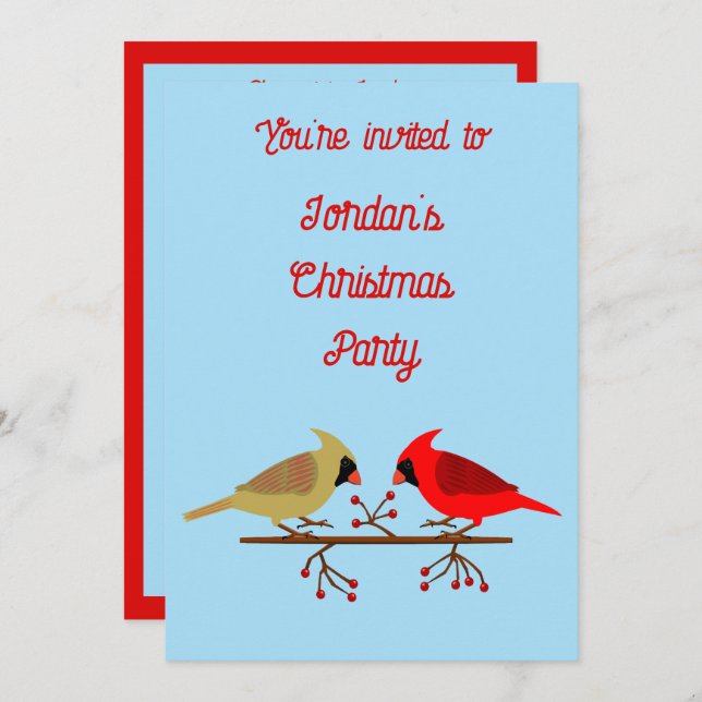 Cute Christmas Cardinals and Red Berries Custom Invitation (Front/Back)