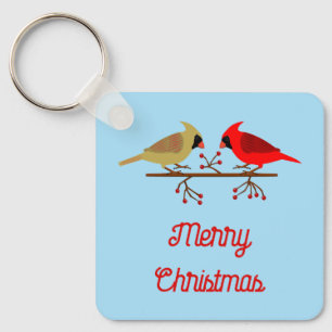 Cute Christmas Cardinals and Red Berries Custom Key Ring