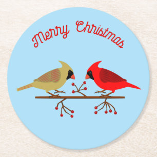 Cute Christmas Cardinals and Red Berries Custom Round Paper Coaster
