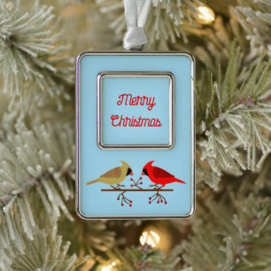 Cute Christmas Cardinals and Red Berries Custom Silver Plated Framed Ornament