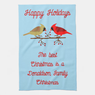 Cute Christmas Cardinals and Red Berries Custom Tea Towel