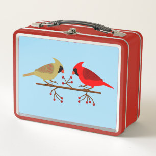 Cute Christmas Cardinals and Red Berries Metal Lunch Box