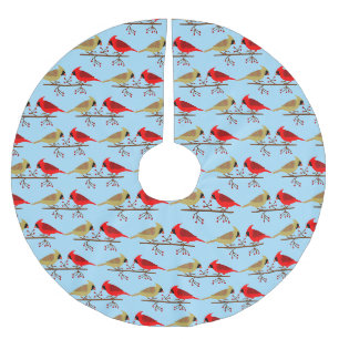 Cute Christmas Cardinals and Red Berries Patterned Brushed Polyester Tree Skirt