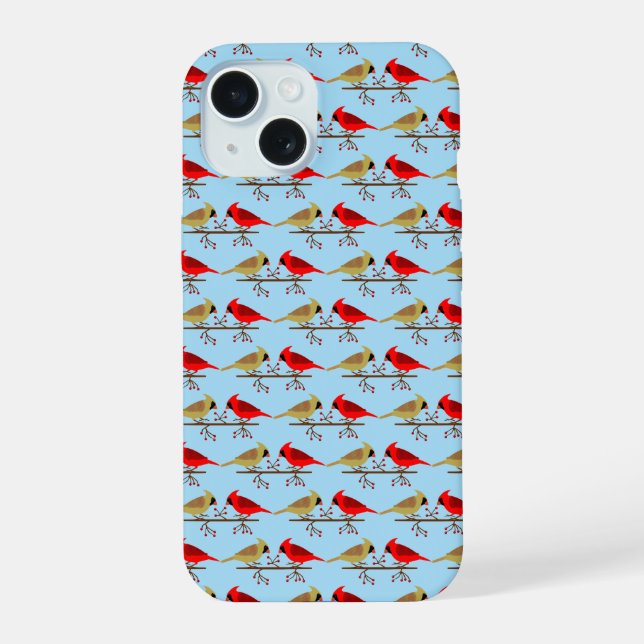 Cute Christmas Cardinals and Red Berries Patterned iPhone 15 Case (Back)