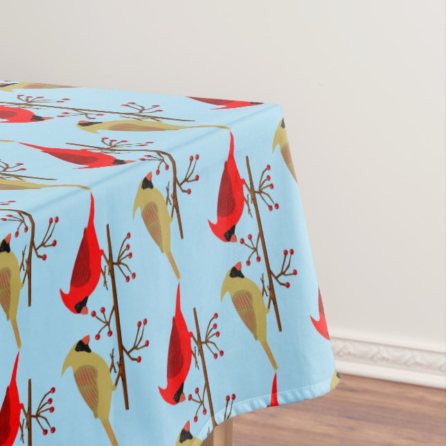 Cute Christmas Cardinals and Red Berries Patterned Tablecloth (In Situ)