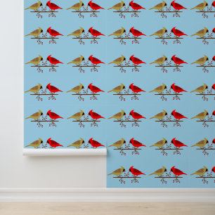 Cute Christmas Cardinals and Red Berries Patterned Wallpaper