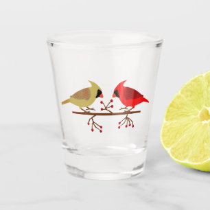 Cute Christmas Cardinals and Red Berries Shot Glass