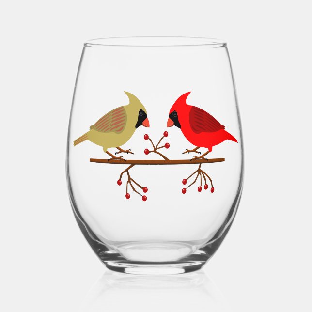 Cute Christmas Cardinals and Red Berries Stemless Wine Glass (Front)