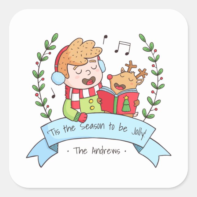Cute Christmas Carols Boy and Reindeer Stickers (Front)