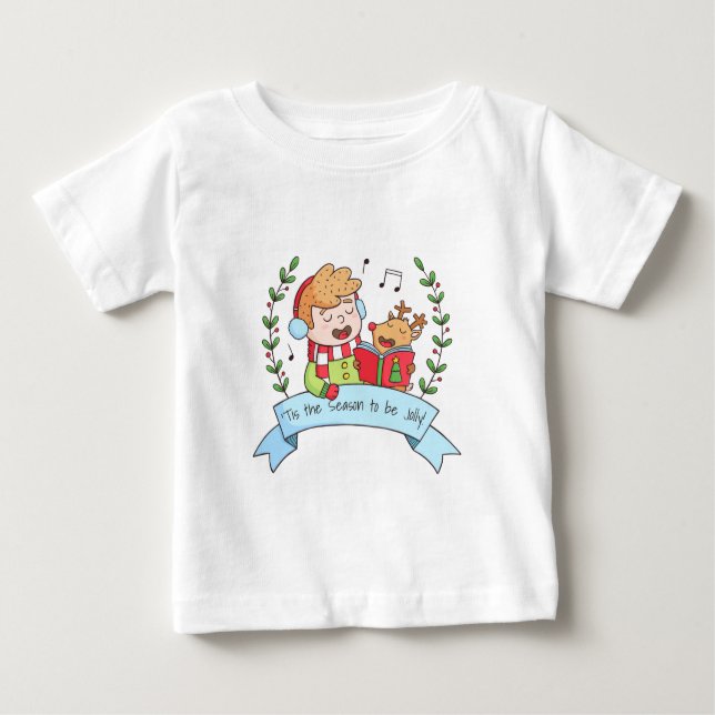 Cute Christmas Carols Boy and Reindeer Tee (Front)
