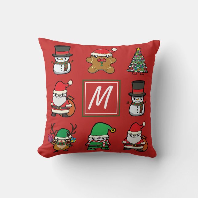 Cute Christmas Cartoon Characters Red Monogram Cushion (Front)