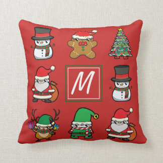 Cute Christmas Cartoon Characters Red Monogram Cushion