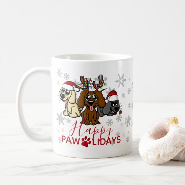 Cute Christmas Cartoon Dogs Santa Hat Lights Coffee Mug (With Donut)