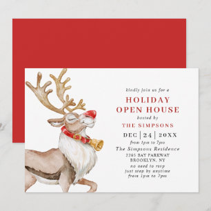 Cute Christmas Cartoon Reindeer HOLIDAY OPEN HOUSE Invitation