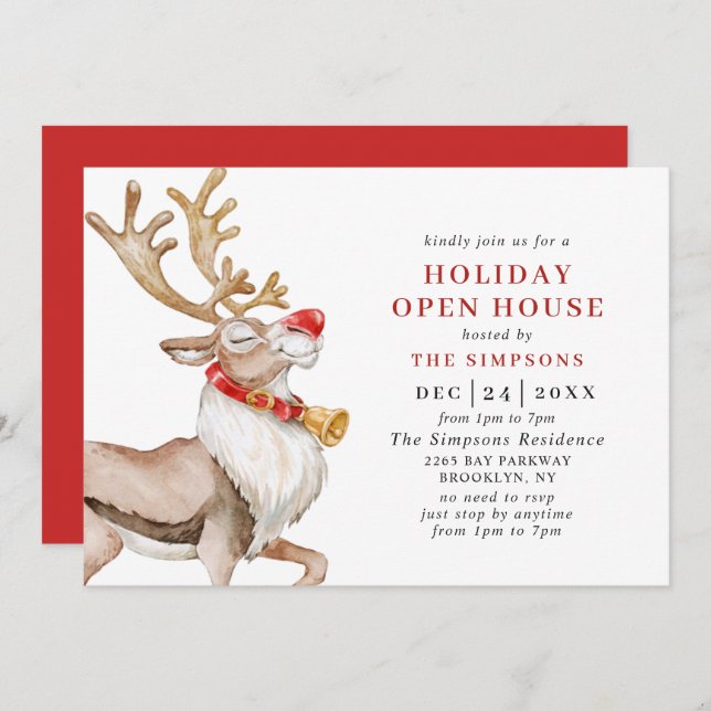 Cute Christmas Cartoon Reindeer HOLIDAY OPEN HOUSE Invitation (Front/Back)