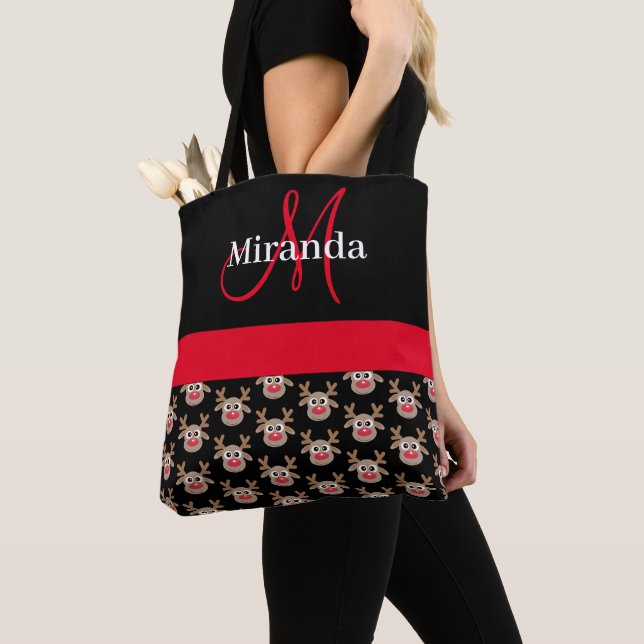 Cute Christmas Cartoon Reindeer Pattern Monogram  Tote Bag (Close Up)
