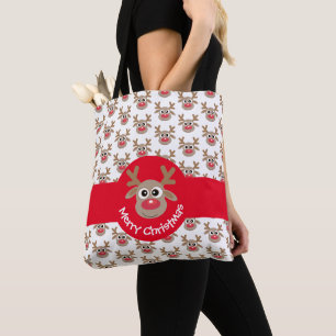 Cute Christmas Cartoon Reindeer Pattern White Tote Bag