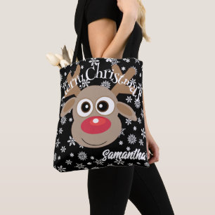 Cute Christmas Cartoon Reindeer Snowflakes Black Tote Bag