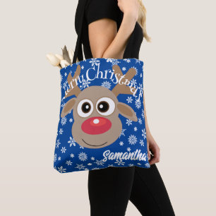 Cute Christmas Cartoon Reindeer Snowflakes Blue Tote Bag