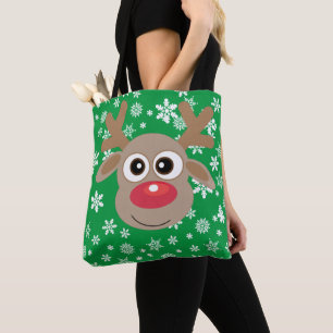 Cute Christmas Cartoon Reindeer Snowflakes Green Tote Bag