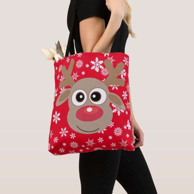 Cute Christmas Cartoon Reindeer Snowflakes Red Tote Bag (Close Up)