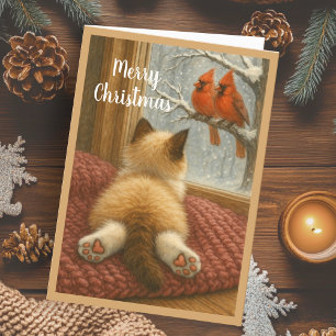 Cute Christmas Cat and Cardinal Holiday Card