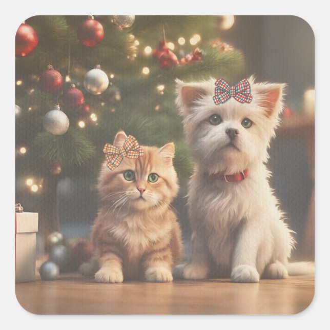 Cute Christmas Cat and Dog Lover Gifts  Square Sticker (Front)
