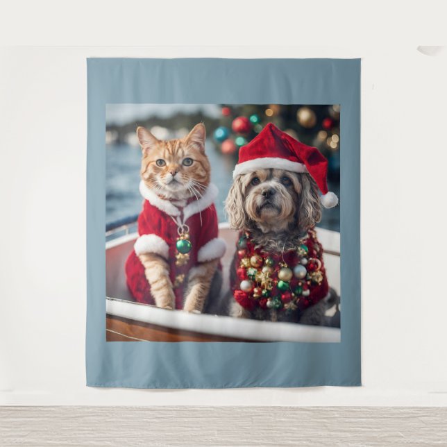 Cute Christmas Cat and Dog Sailing Vintage  Tapestry (Front)