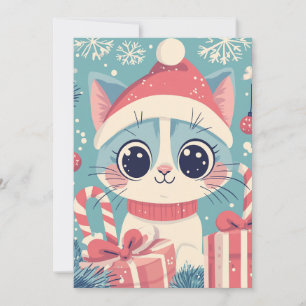 Cute Christmas Cat  Candy Canes Gifts Kawaii Holiday Card
